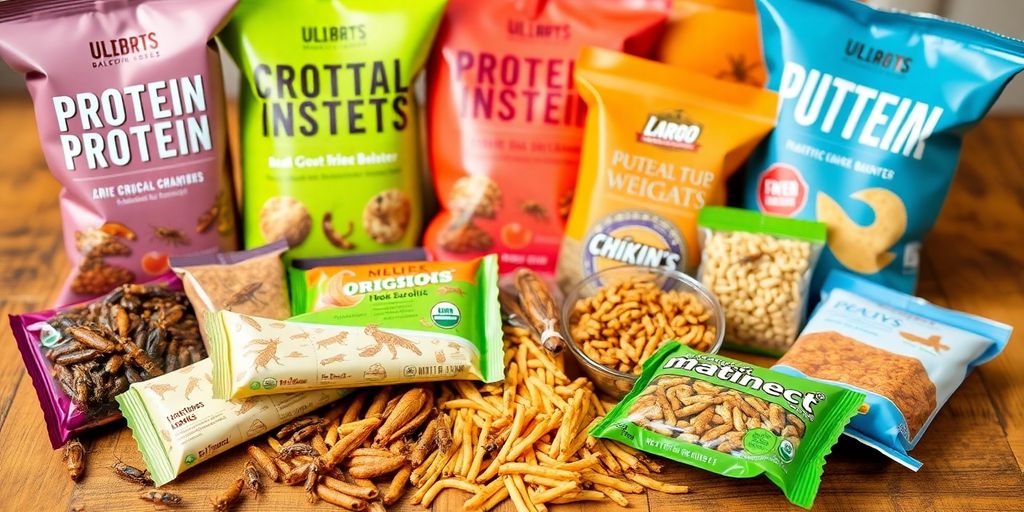 Lebensmittel mit Insekten wie Snacks und Proteinriegel.